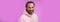 Charming alluring handsome bearded stylish adult male model earring pink hoodie smiling delighted express confidence