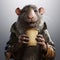 Charming Animated Film Style: Black Rat Holding A Cup Of Java