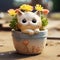 Charming Anime Cat Statue In Pot With Flowers - Handmade Glazed China Design