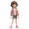 Charming Anime Girl 3d Model In Pink Jacket, Shorts, And Sneakers