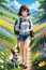 A charming anime girl with a backpack and her cute dog, enjoying a lovely spring outing, surrounded by beautiful flower, wallpaper