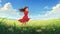 Charming Anime Illustration: Girl In Red Dress Running On Meadow