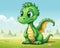 This charming artwork features a cute cartoon-style green dragon.