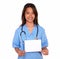 Charming asiatic nurse woman holding a white card