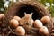 Charming baby bunny in nest with colorful easter eggs on beautiful natural background