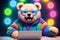 Charming bear in glasses with open mouth sitting at laptop. Generative AI.