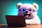 Charming bear in glasses with open mouth sitting at laptop. Generative AI.