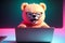 Charming bear in glasses with open mouth sitting at laptop. Generative AI.