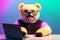 Charming bear in glasses with open mouth sitting at laptop. Generative AI.