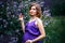 A charming beautiful young pregnant woman in purple violet dress in a blooming lilac garden looks at camera with tenderness.