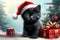 a charming black kitten with blue eyes in a Santa hat sits near beautifully packaged gift boxes