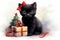 a charming black kitten with a red bow on its ear sits near beautifully packaged gift boxes