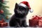 a charming black kitten in a Santa hat sits near beautifully packaged gift boxes
