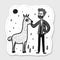 Charming Black And White Stick Figure Art: Man Playing With Llama