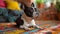 charming boston terrier sitting on vibrant rug, cute dog in cozy home setting, pet concept for banner advertising