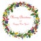 A charming bright wreath of Christmas symbols: sled, gifts, candy canes, stars, socks, colorful lights, spruce and holly branches