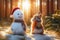 charming bunny gnaws the nose of a snowman\\\'s carrot in a sunny winter forest