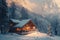 A charming cabin surrounded by towering snowy mountain peaks amidst a serene winter landscape, A cozy mountain lodge during winter