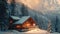 A charming cabin surrounded by towering snowy mountain peaks amidst a serene winter landscape, A cozy mountain lodge during winter