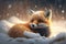 A charming cartoon of a baby red fox in a dreamlike state, surrounded by snow. AI