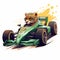 Charming Cartoon Cheetah Drives Green Formula1 In Playful Illustration