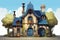 Charming cartoon cottage beautiful exterior in a suburban village