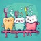A charming cartoon depiction of dental care, showcasing smiling teeth characters alongside toothpaste and brushes