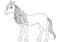 Charming cartoon horse with long golden mane and tail, coloring book page