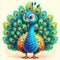 A charming cartoon peacock with a full and round body, exhibiting a splendid array of colorful tail feathers