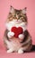 A charming cat holds a vibrant red heart in its small paws, showcasing an endearing image perfect for expressing love