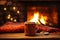 Charming chalet atmosphere hot drink, fireside, and knitted mitten