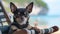 Charming Chihuahua relaxing on a beach chair, gazing at the camera by the ocean\\\'s edge, Ai Generated