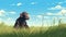 Charming Chimp In Anime-inspired Ghibli Grassland Painting