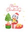 Charming Christmas Penguin Singing Festive Songs on Colorful Gift Boxes, Delightful Watercolor Cartoon for Kids. Perfect for Cards