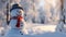 Charming close up of a cute snowman with a festive hat and cozy scarf in a winter forest