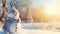 Charming close up of a cute snowman in a hat and scarf surrounded by the enchanting winter forest