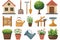 Charming collection of home gardening vector icons, featuring variety of potted plants, tools, garden elements on white background