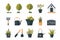 Charming collection of home gardening vector icons, featuring variety of potted plants, tools, garden elements on white background