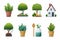 Charming collection of home gardening vector icons, featuring variety of potted plants, tools, garden elements on white background