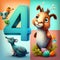 Charming colourful fictional animal cartoons with a number letter illustration