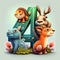 Charming colourful fictional animal cartoons with a number letter illustration