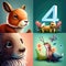Charming colourful fictional animal cartoons with a number letter illustration