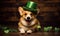 Charming corgi celebrating St. Patrick\\\'s Day with a top hat and shamrock. AI generative