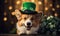 Charming corgi celebrating St. Patrick\\\'s Day with a top hat and shamrock. AI generative