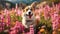 Charming corgi dog in flowers in the spring mountains Generative AI