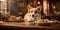 Charming corgi dog joyfully enjoys a delightful meal at a cozy wooden table