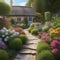 A charming cottage garden with blooming flowers, a picket fence, and a stone pathway Quaint and picturesque2