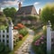 A charming cottage garden with blooming flowers, a picket fence, and a stone pathway Quaint and picturesque3