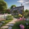 A charming cottage garden with blooming flowers, a picket fence, and a stone pathway Quaint and picturesque4