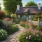 A charming cottage garden with blooming flowers, a picket fence, and a stone pathway Quaint and picturesque5